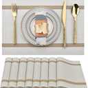 SLKQG Beige White Placemats Set of 8 - Easy Clean Modern Durable Washable Vinyl Place Mats - Heat Resistant Placemats for Kitchen Table - PVC Table Mats for Dining Table (Beige White with Stripes, 8)