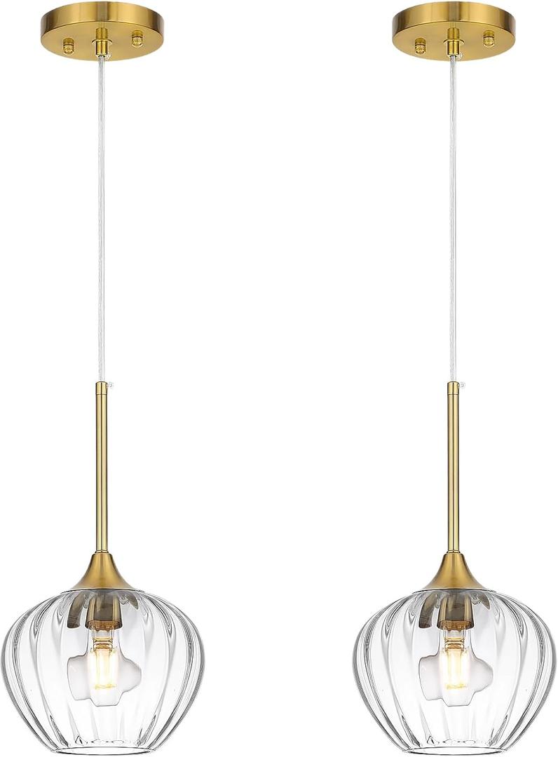 2Pack Glass Pendant Light, 7 Inch Modern Glass Pendant Light Fixture Brushed Gold Ceiling Hanging Lighting for Kitchen Island Dining Room Bathroom Bar Restaurant (Clear)