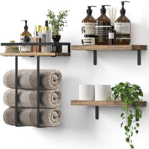 Towel Racks for Bathroom-Wall Mounted Floating Shelves for Wall Bathroom Bedroom Kitchen Living Room, Hanging Book Shelves Decor Bathroom Organizer, 16 inch Solid Wood, Carbonized Wood Color