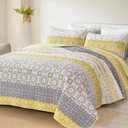 WONGS BEDDING Boho Quilt Set Queen, Yellow Bohemian Striped Patchwork Bedspread Coverlet Set with 2 Pillowcases,Lightweight Microfiber Floral Bedding Set 96"90"