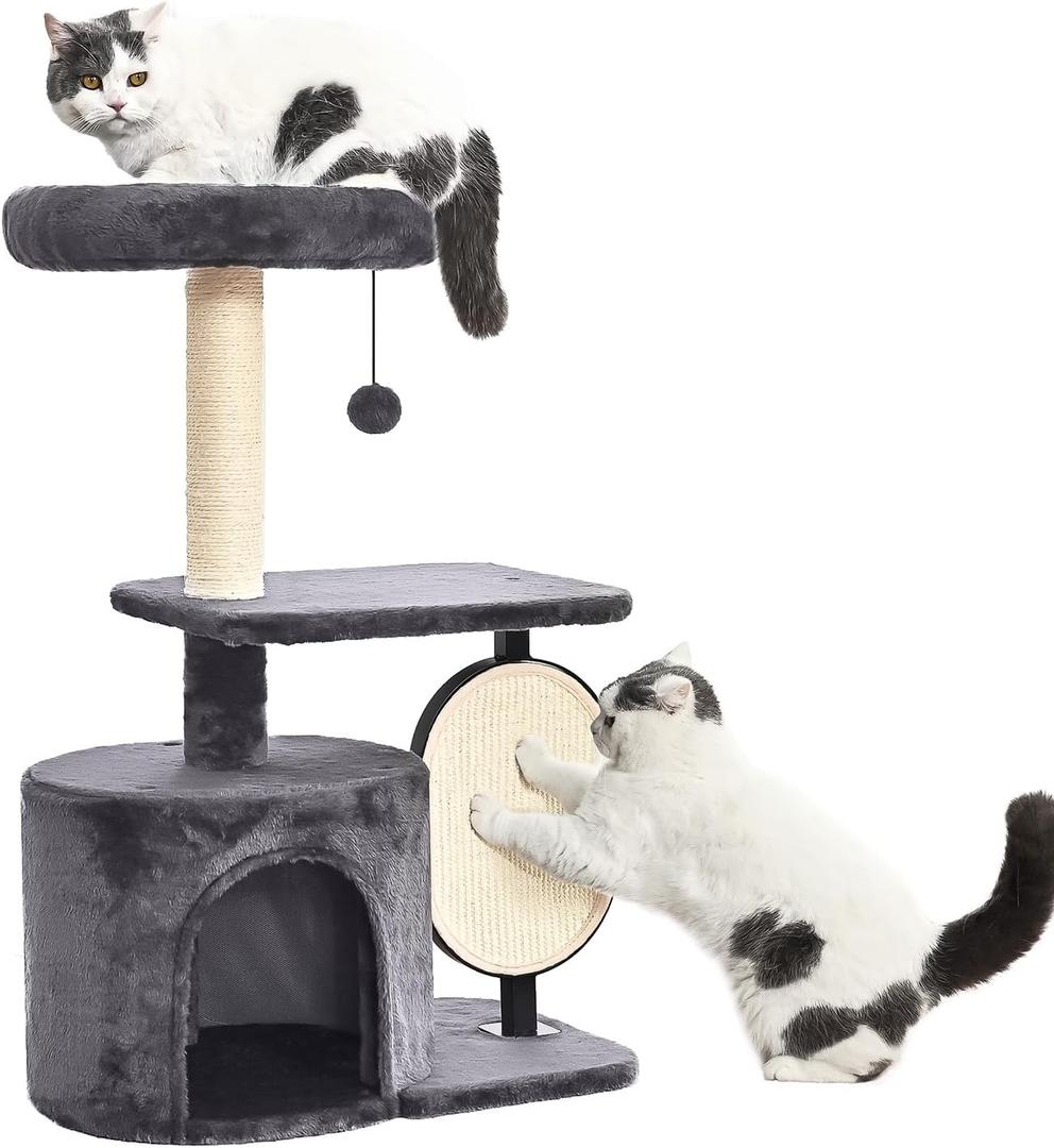 Amazon Basics Cat Tree Tower, Solid Steel Frame with Removable Scratching Pad, Gray, 32 Inches