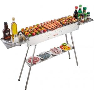 VEVOR Foldable Charcoal Grill, 250 sq.in. Portable Charcoal Barbecue Grill with Liftable Charcoal Tray & Side Tables, Brushed Stainless Steel BBQ Cooking Grills for Outdoor Camping Backyard Parties