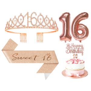 2 x Papoopy 5Pcs Birthday Decorations with Crown Tiara, Sash, Cake Topper, Candle and Number Balloon for Gifts, 16th Birthday Gifts for Her