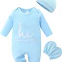 Cute Newborn Unisex Baby 100% Cotton Long Sleeve Onesie Coming Home Outfits,Soft Romper with Mittens & Hat (Blue)