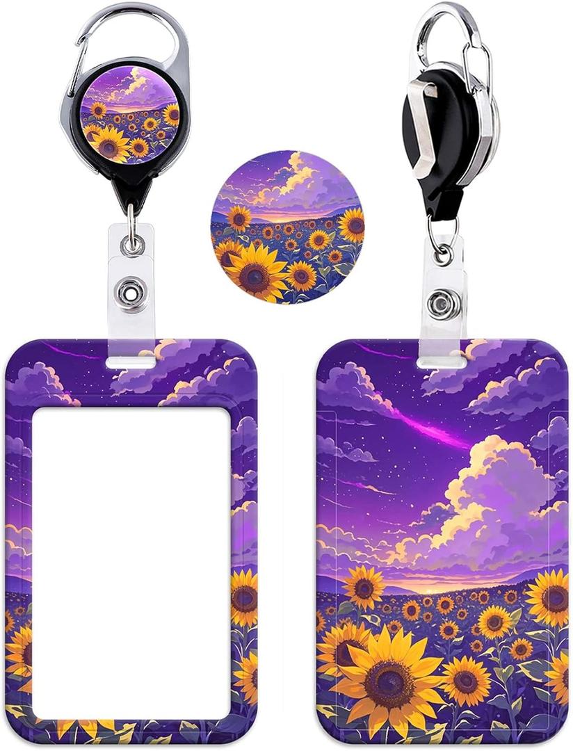 ID Badge Holder Retractable Clip Work Badge Reel Clip for ID Badges Keycard for Nurse Teacher Student Office Womens Id Card Key Holder Retractable Keychain, Sunflower