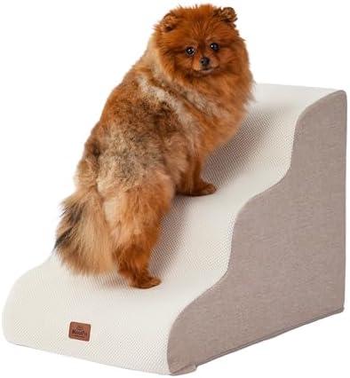 Beige Curved Dog Stairs Ramp for Small Dogs & Cats 17" H, 3-Step Dog Steps for Couch Sofa and Chair, Pet Stairs for Cats, Non-Slip Balanced Pet Steps