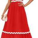 ZESICA Women's Summer Sleeveless Ruffle Dresses Square Neck Backless Boho Flowy Maxi Sundress with Pockets (Red) XLarge