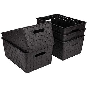 Bekith 5 Pack Small Woven Plastic Storage Basket, Woven Basket Bin, 10" L x 7" W x 4.4" H, Black
