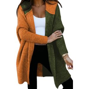 Astylish Women 2026 Fall Outfits Open Front Long Sleeve Hooded Knit Cardigan Sweaters Color Block Outwear Coats (Small, Z Mustard)