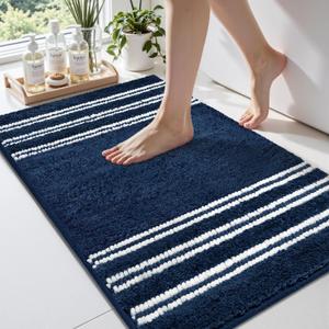 Bathroom Rugs 20x32 Extra Soft Absorbent Bath Mat Chenille Non Slip Shower Mat Rubber Backing Machine Washable Bath Mats for Bathroom Shaggy Blue Bath Rugs for Tub, Hallway