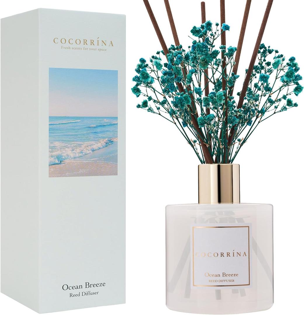 COCORRNA Reed Diffuser - Ocean Breeze Scented Diffuser with 8 Sticks Home Fragrance Reed Diffuser for Bathroom Shelf Decor (Flower/6.7 Ounce/1pack)