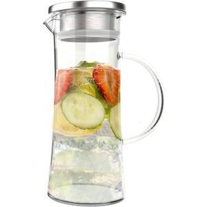 Glass Pitcher - 50-Ounce Carafe with Stainless-Steel Spout Lid - Heat-Resistant for Hot or Cold Brew Coffee, Tea, Punch, and More by Classic Cuisine