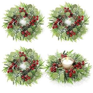 4 Pcs Mini Christmas Candle Rings Wreaths Artificial Christmas Kitchen Cabinet Holder Wreath 3 Inch Red Berry Norfolk Pine Winter Wreath for Pillar Xmas Front Door Window Chair Wall Decor Table Center