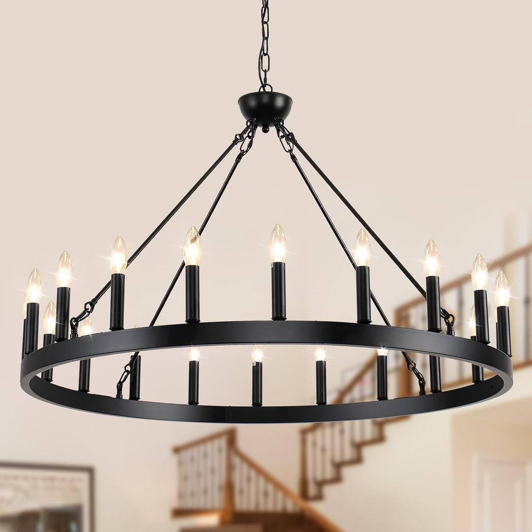 Wagon Wheel Chandeliers 40" 20-Light, Black Modern Farmhouse Chandelier with Adjustable Height, Hanging Island Light Fixture for Dining Living Ceiling Room Outdoor