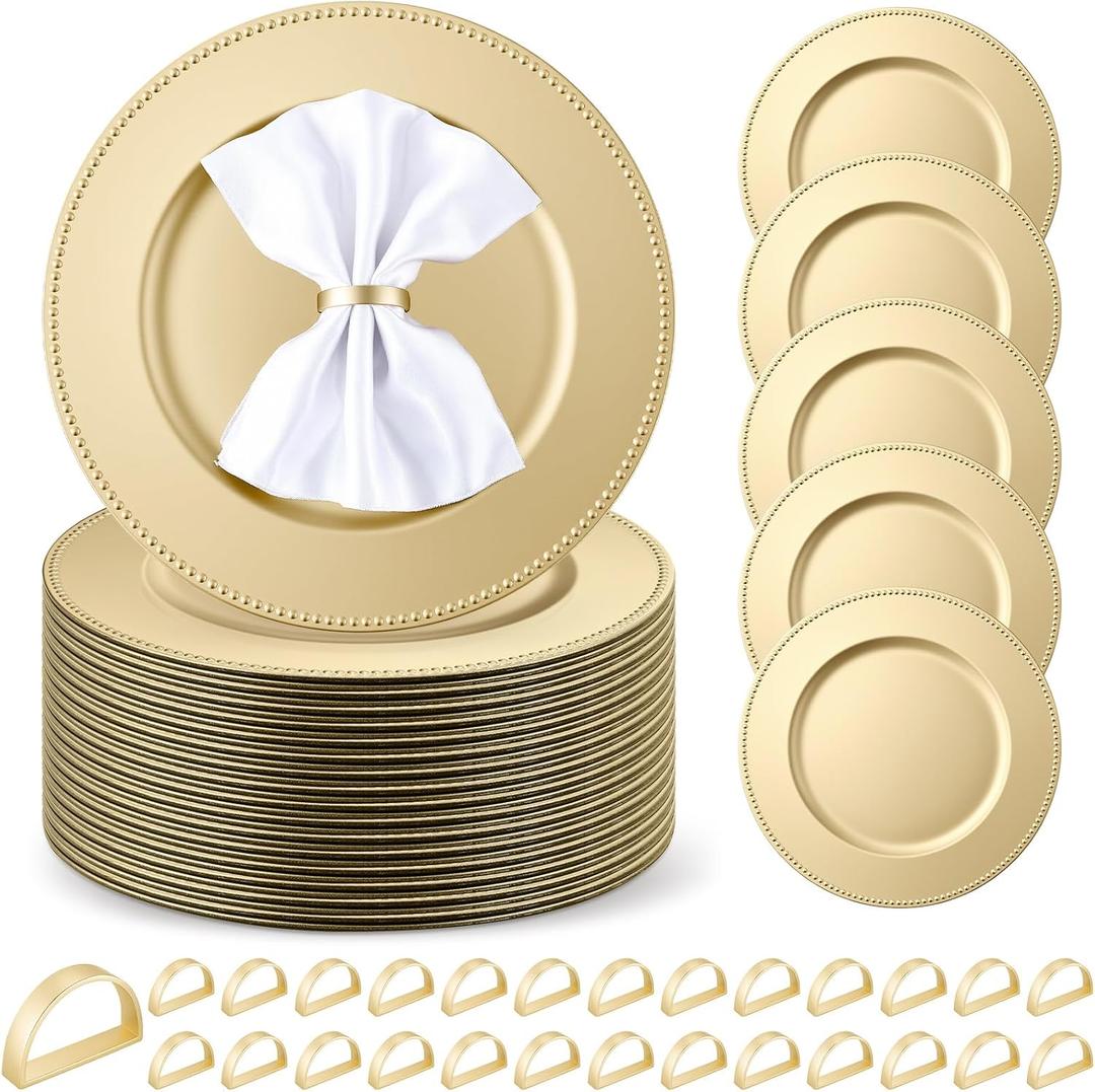 Tanlade 100 Pcs Charger Plates Bulk with Napkin Rings Set Include 50 Plastic Beaded Plate Chargers 50 Napkin Rings 13'' Dinner Plate Chargers Set for Table Setting Wedding Party (Light Gold)
