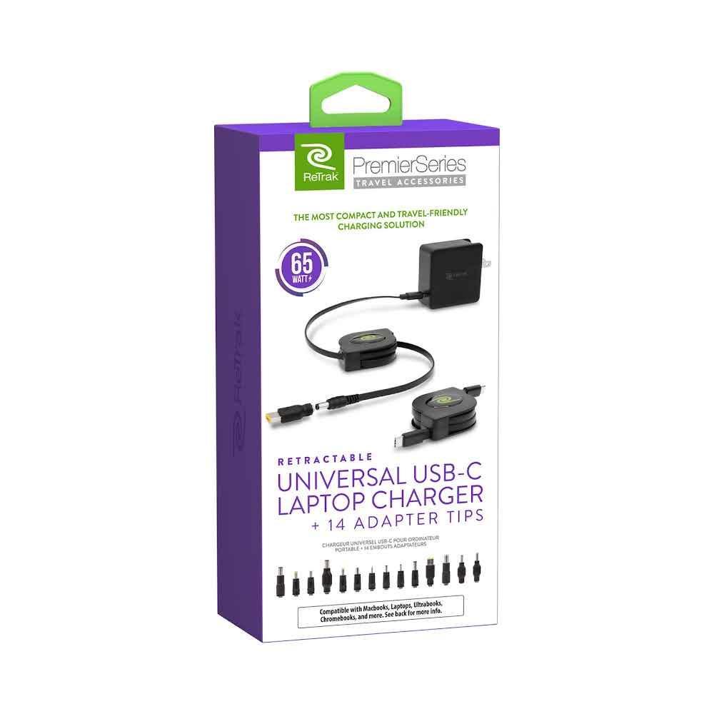 ReTrak Retractable Universal USB-C Laptop Charger+14 Adepter Tips 6.6Ft 67Watt