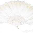 Fumwase Foldable Feather Fan Embroidered Flower Handheld Chinese Folding Fans 1920s Feather Fan Flapper Hand Fan for Costume Party Wedding Dancing Decoration (White)