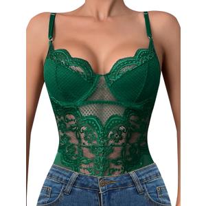 popiv Women One Piece Lingerie Lace Body Suits Teddy Corset Tops Underwire Bodysuit (Small, Green)