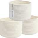 XUANGUO Woven Cotton Storage Baskets - 3-Pack Round Bins (10x10x7'') for Shelves, Closets & Bookcases | Durable Rope Organizers for Nursery, Baby, Toys, Easter & More (white)