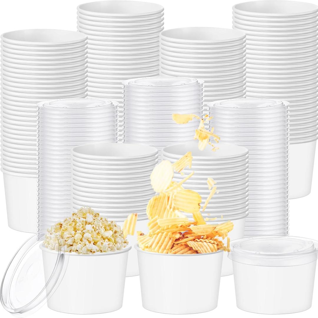 Yungyan 100 Pcs White 8 oz Ice Cream Bowls with Lids Disposable Paper Snack Bowls Soup Containers Dessert Cups for Cold Hot Food Birthday Party Supplies (Elegant Style)