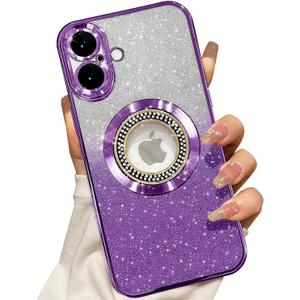 Misscase for iPhone 16 Magnetic Glitter Case Compatible with MagSafe,Full Protection Slim Shockproof Anti-Scratch Case with Camera Lens Protector Logo View Dust-Proof Net for Women Purple