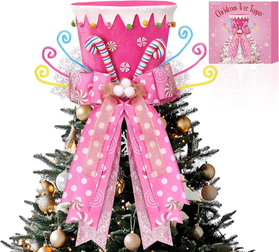 Candy Cane Christmas Tree Topper,Candy Cane Christmas Decorations,Velvet Pink Hat with Peppermint Bows Ribbon Ornaments,Top Hat Christmas Tree Topper for Holiday Xmas Decorations (Pink)