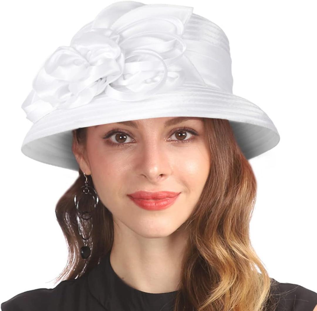 Derby Hat for Women Church Tea Party Wedding Cloche Bowler Bucket Hats (One Size, White)