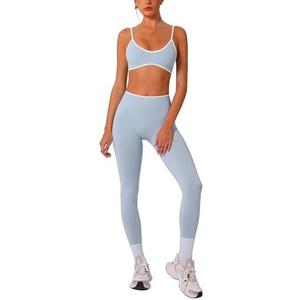ABOCIW Womens 2 Piece Workout Sets Seamless Color Block Sports Bra Scrunch Butt Lifting High Waist Leggings Gym, Light Blue Set, S