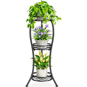 iDavosic.ly 3 Tier Tall Metal Plant Stand Indoor Outdoor, Wrought Iron Corner Flower Pot Holder Shelf, 34 Inch Vertical Display Rack for Patio Porch Living Room Garden, Black