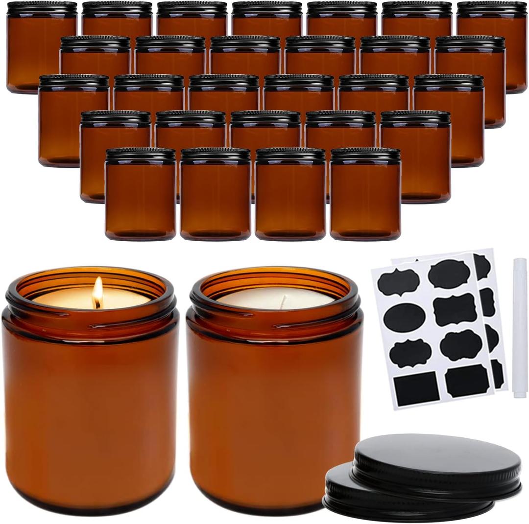 QAPPDA 8oz Amber Candle Jars Set of 30,Round Glass Jars with Black Lids,Empty 250ml Glass Candle Making Jar Bulk Thick Small Food Storage Jar for Spice,Candy,Powder