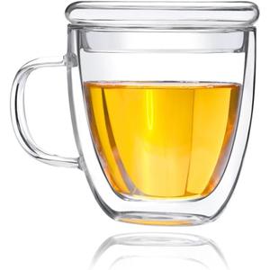 DeFancy Double Wall Coffee Mug 17 oz Insulated Borosilicate Glass Coffee Cup with Handle and Lid