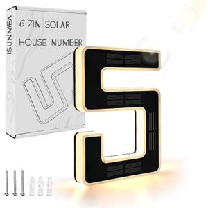 ISUNMEA 6.7 Inch Solar Lighted House Numbers for Outside, Light Up Waterproof LED Address Signs for Houses, Backlit Illuminated Exterior Modern House Numbers Light (5-Black, 6.7IN)