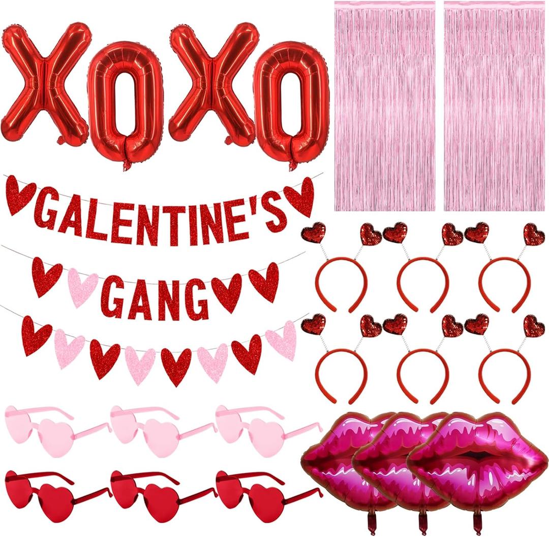 Galentines Day Party Decorations, Galentines Day Decor with 1 Galentines Gang Banner,6 Heart Glasses (3 Red - 3 Pink),6 Heart Headbands, 3 Kiss Lips and 1 XOXO Balloons,2 Pink Curtains Backdrop