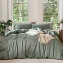 MooMee Bedding Duvet Cover Set 100% Washed Cotton Linen Like Textured Breathable Durable Soft Comfy (Heathered Green, King 104"x90")