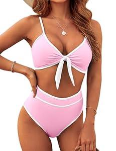 Blooming Jelly Women's High Waisted Bikini Set Tie Knot Color Block Swimsuits 2 Piece Bathing Suits 2025 (Small, Pink)