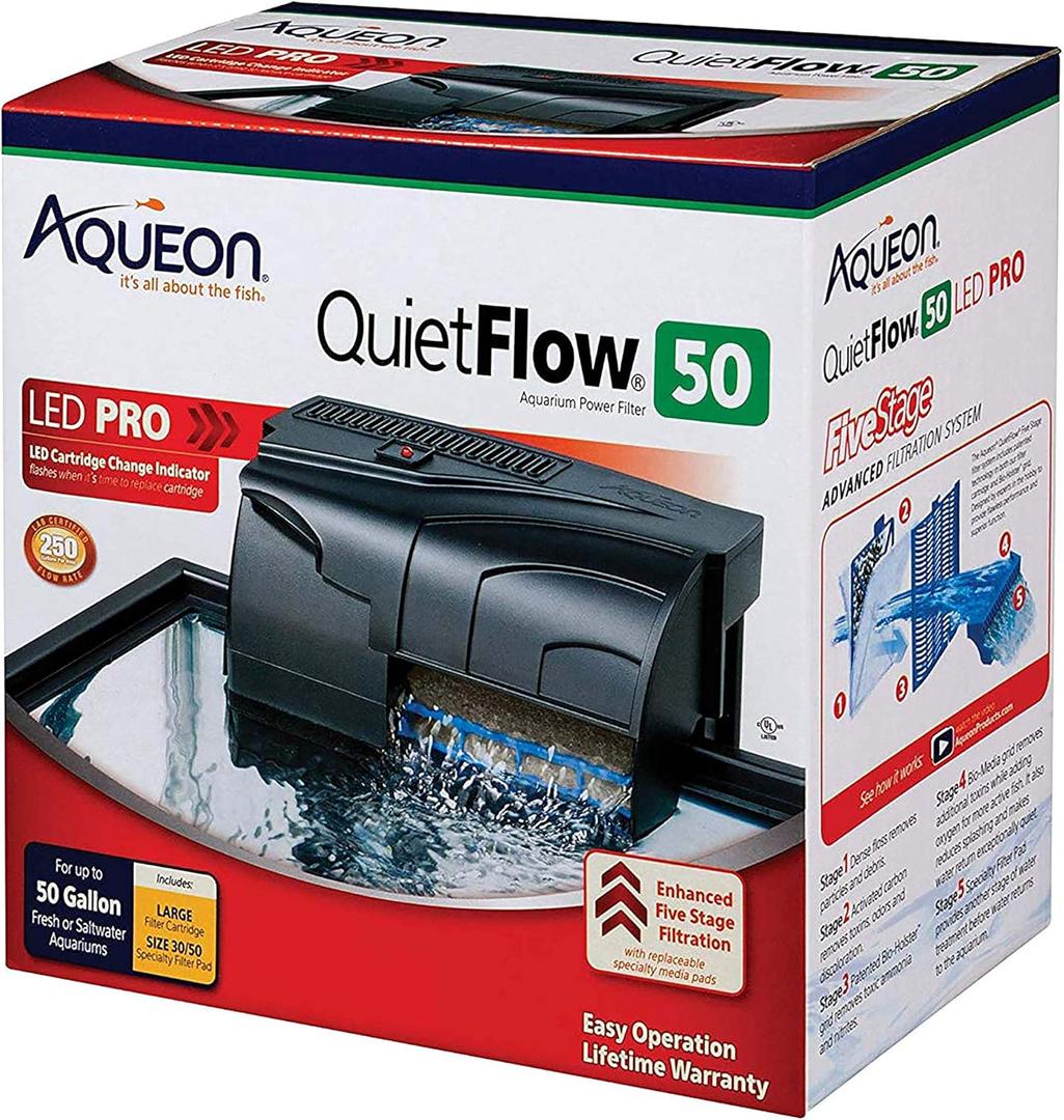 Aqueon QuietFlow 50 LED PRO Aquarium Fish Tank Power Filter For Up To 50 Gallon Aquariums