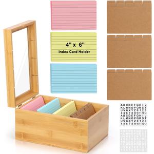 4x6 Index Card Holder with Dividers Bamboo Index Card Organizer Box 4 Compartments Flash Cards Holder with Lid 150 Index Flash Cards 25 Index Cards Dividers 2 Letter Smile Stickers for Office Business