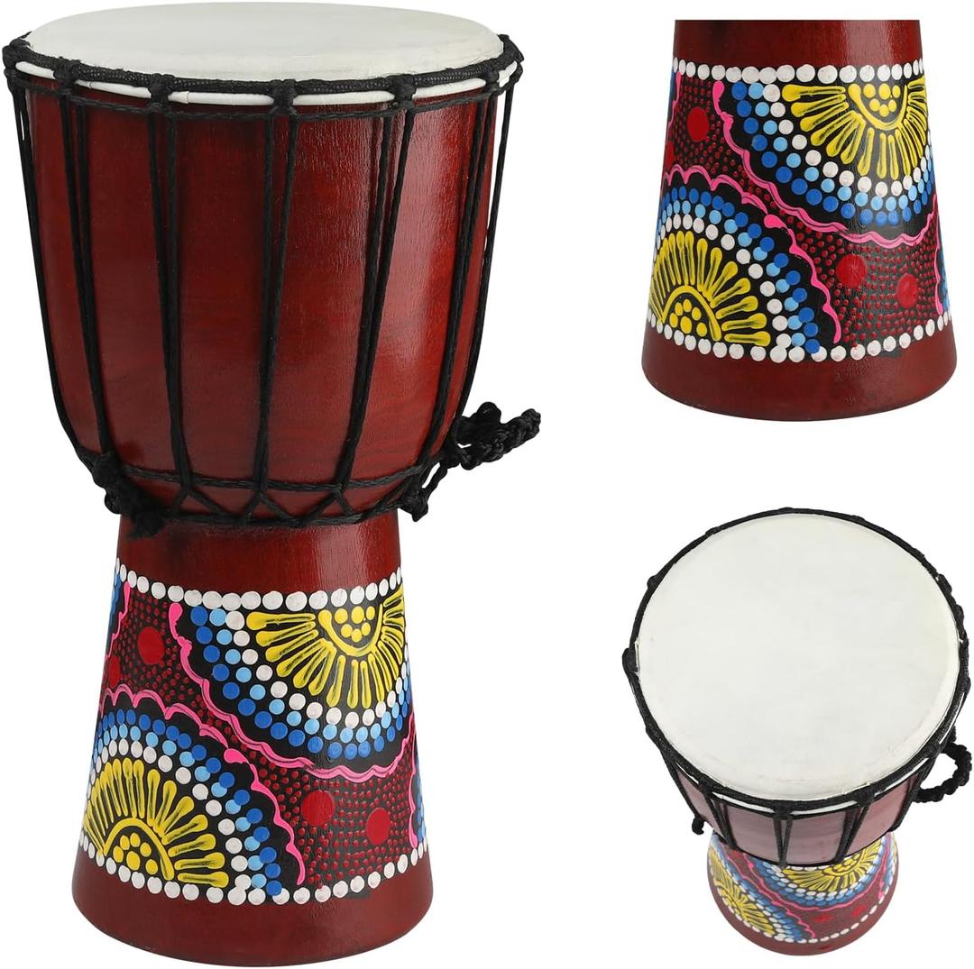 Wood Djembe Drum, 6.5'' x 12''Carved Mahogany African Drums with Goatskin Drumhead, West African Styled Professional Djembe Hand Drum for Kids and Adults Beginners