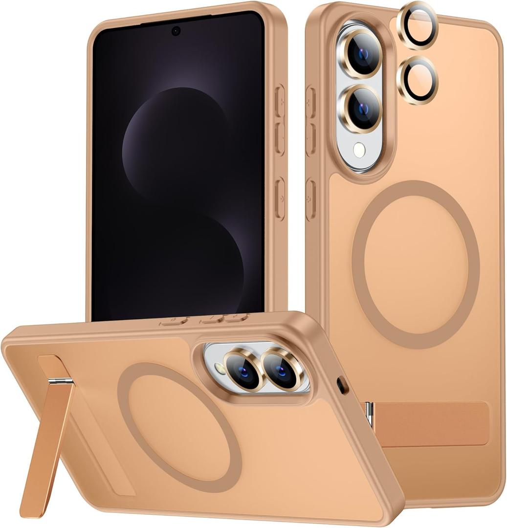 LEKEVO for Samsung Galaxy S25 Edge Case with Stand, Compatible with MagSafe, Camera Lens Protector, Translucent Matte Slim Silicone Shockproof Phone Cover, Gold
