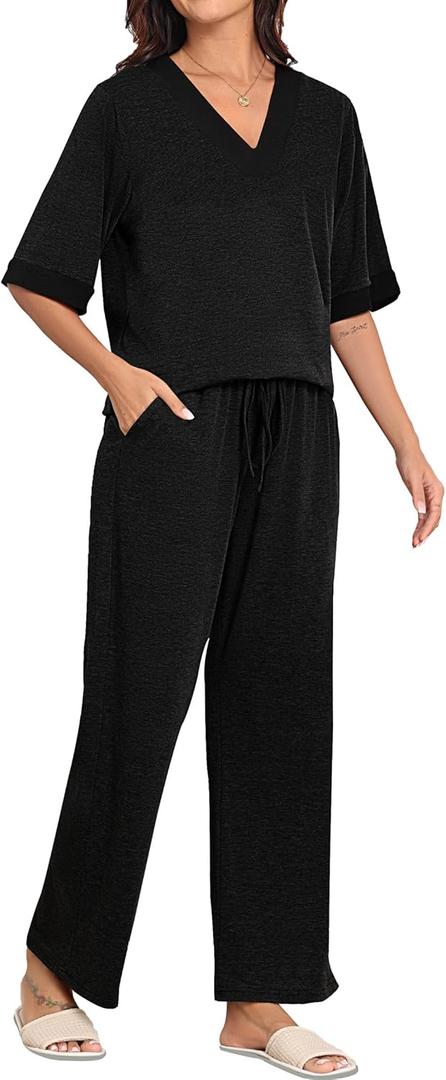 Pajamas for Women Set 2 Piece Short Sleeve Lounge Sets Soft Pjs and Long Pajama Pants Casual Loungewear Sleepwear