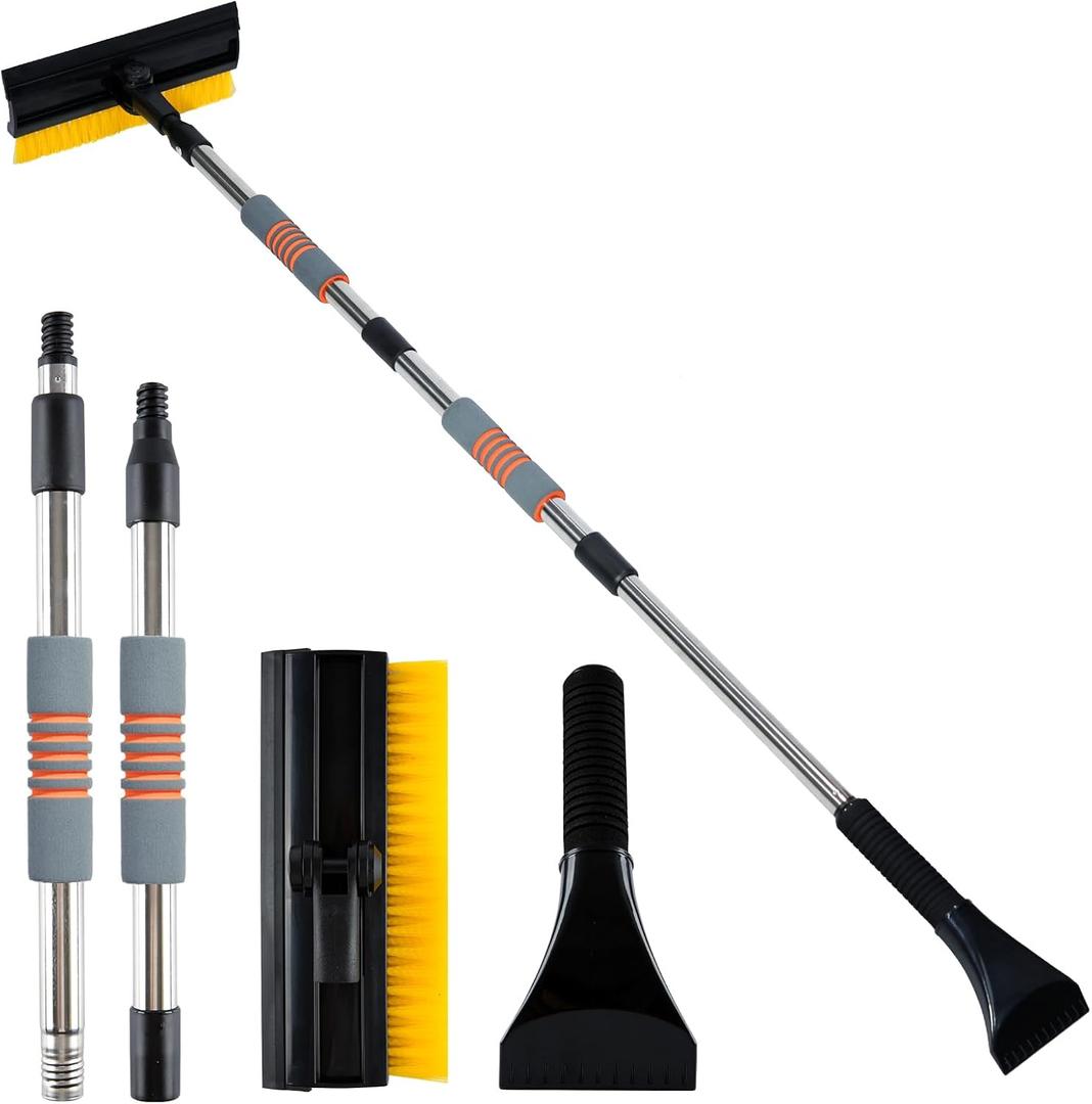 53" Extendable Retractable Snow Brush & Ice Scraper for Car SUV Truck - 360 Pivoting Brush Head with Comfort Foam Grip, Windshield Cleaner Tool