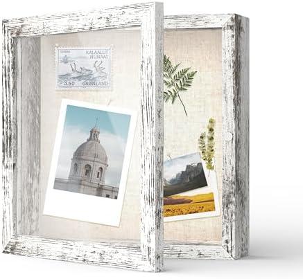 FrameWorks 8x8 Deep Shadow Box Frame, Wooden Display Case w. Linen Board & Tempered Glass Door - Distressed White - Small - Wall Mounted
