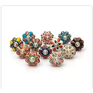 Vintage Multi Designed decorative Ceramic Cupboard kitchen Cabinet Door Knobs bathroom dresser almirah Drawer Pulls retro handles boho classical glazed hardware (Multi Mix Flower New - Pack of 12)