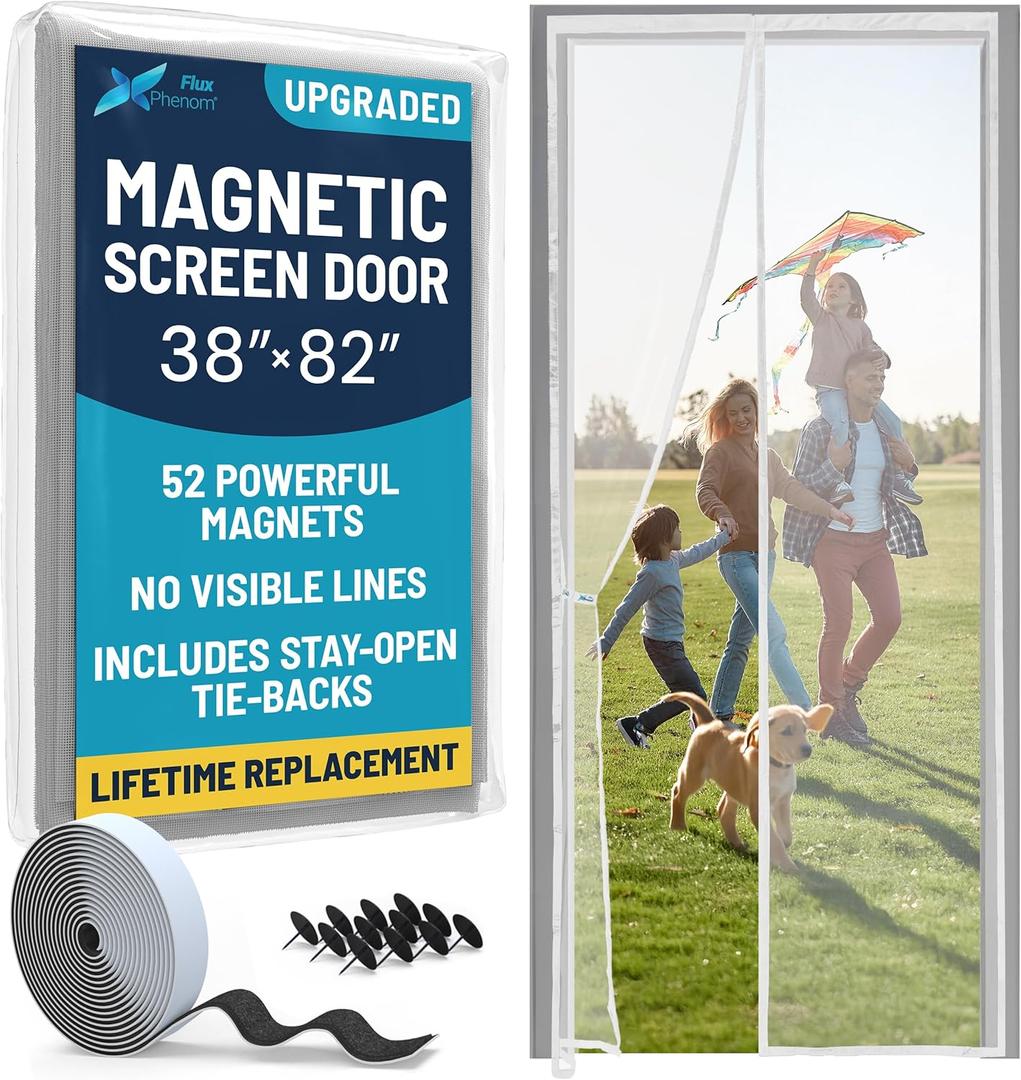 Flux Phenom Magnetic Screen Door Mesh 38x82 Inch  Easy Install, Strong Magnet Strength, Self-Sealing Mesh, Pet Tested, Hands-Free Entry, Door Screen Magnetic Closure, Keeps Bugs Out - White Flux Phenom Magnetic Screen Door Mesh 38x82 Inch  Easy Install, Strong Magnet Strength, Self-Sealing Mesh, Pet Tested, Hands-Free Entry, Door Screen Magnetic Closure, Keeps Bugs Out - White