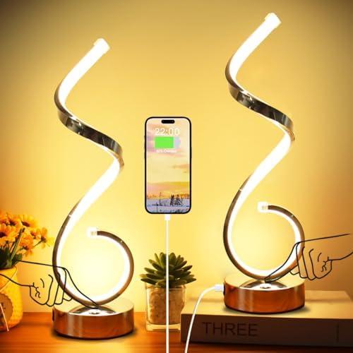 BESKETIE Modern Spiral LED Table Lamp Set of 2, 10W Touch Control Table Lamp with USB Charging Ports, Dimmable 3 Color Modes Bedside Nightstand Desk Lamp Light for Bedroom, Living Room, Office -Silver