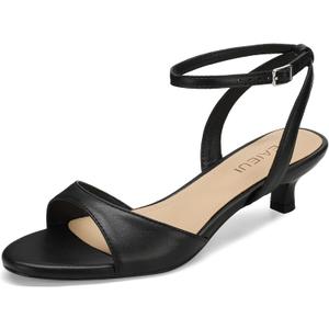 TEAIEUI Women's Sandals Kitten Heels Low Strappy Heels Open Toe Ankle Strap Sandals for Women Party Wedding Dress Shoes (Black, L) 10