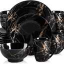 LOVECASA Black Plates and Bowls Sets for 4, Porcelain Dinnerware Sets 16 Piece Gold Splash Glaze Ceramic Dish Set, Round Dinner Set with Mugs, Dishwasher Microwave Safe