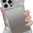 Compatible with iPhone 16 Pro Max Case, Glitter Diamond Crystal Rhinestone Cute Slim Electroplating Shiny Bling Sparkly Cover for Women Girls, Wireless Shockproof TPU Protective Phone Case, Silver