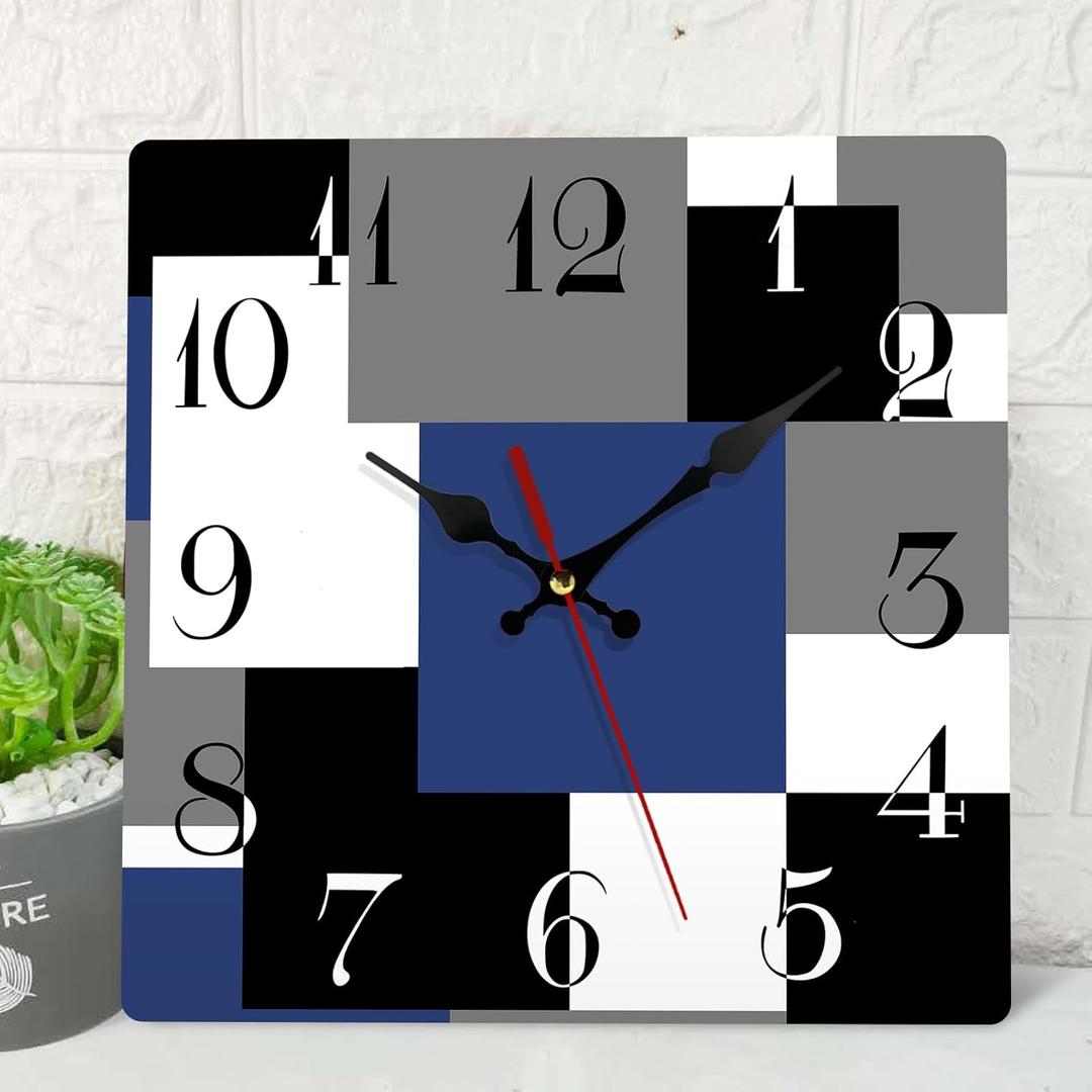 ArtSocket Navy Blue Wooden Wall Clock Silent Non-Ticking, Black Grey Abstract Geometric Square Rustic Decorative Wall Clocks Decor for Home Kitchen Living Room Office, Battery Operated(12 Inch)