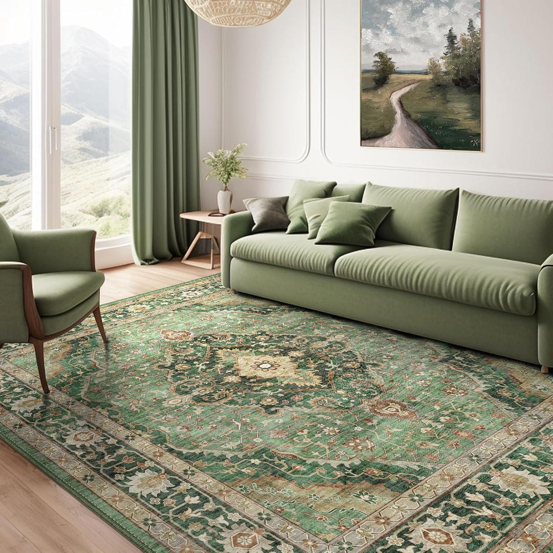 Deerly Green Rug 8x10 Area Rug for Living Room Bedroom Washable Rugs Large Boho 8x10 Rug for Dining Room Carpet Non-Slip Distressed Carpet Rugs Print Floor(Border Green)